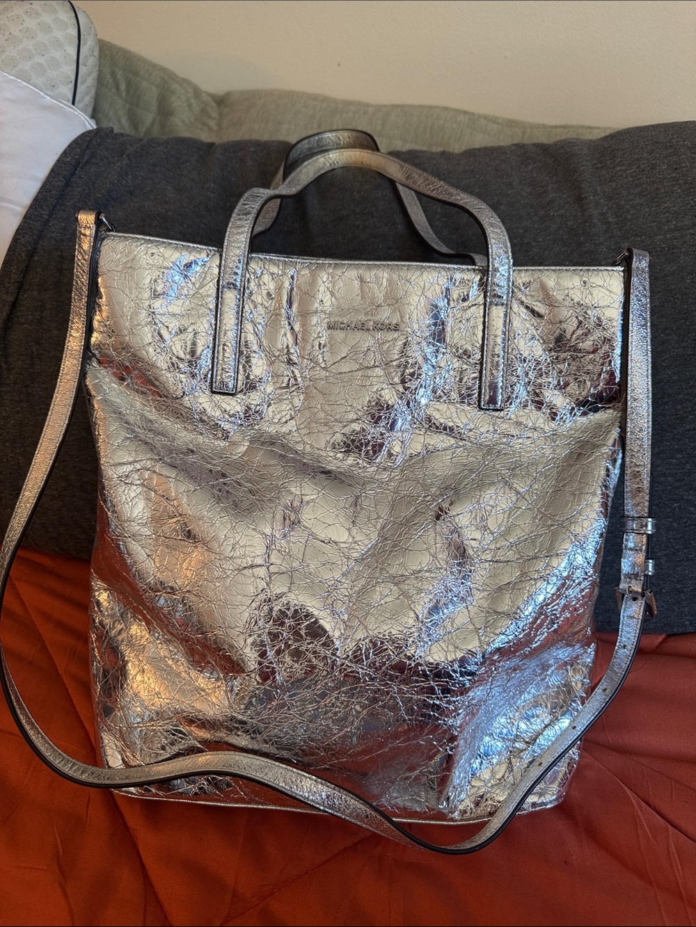 Metallic Silver Tote Bag with Adjustable Strap - Michael Kors